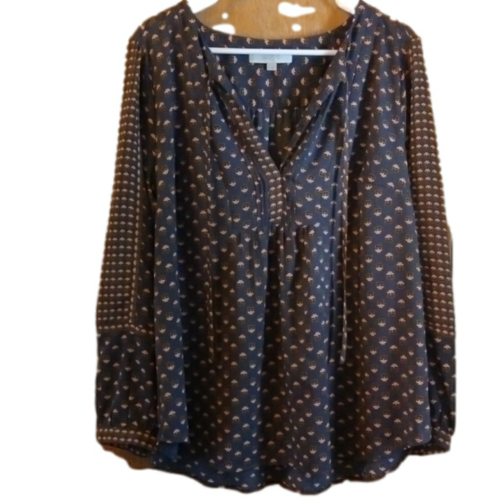 LOFT Sz. 18 Plus Woman's Tie Neck Pleated Boho Top Pullover